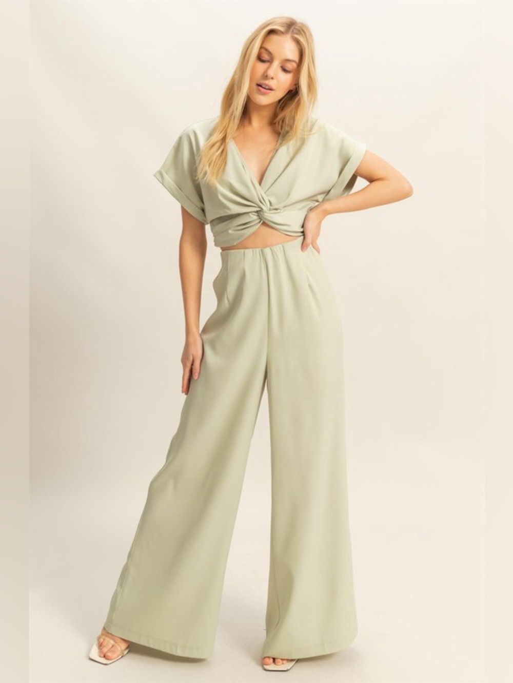HYFVE Twisted Front Short Sleeve Top and Wide Leg Pants Set